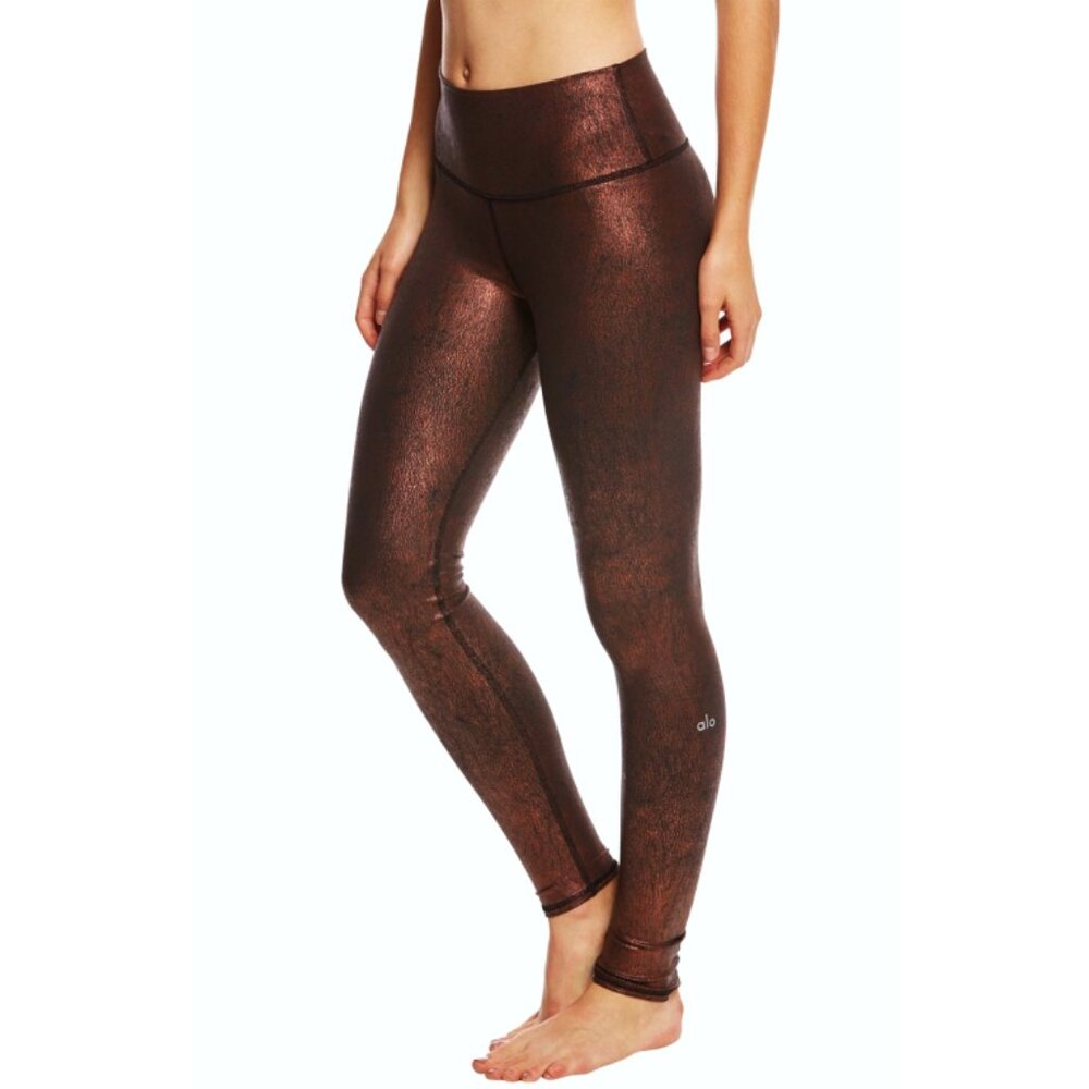 Alo High-Waist Airbrush Leggings Copper Metallic Black Hi-Rise Bronze Leather XS